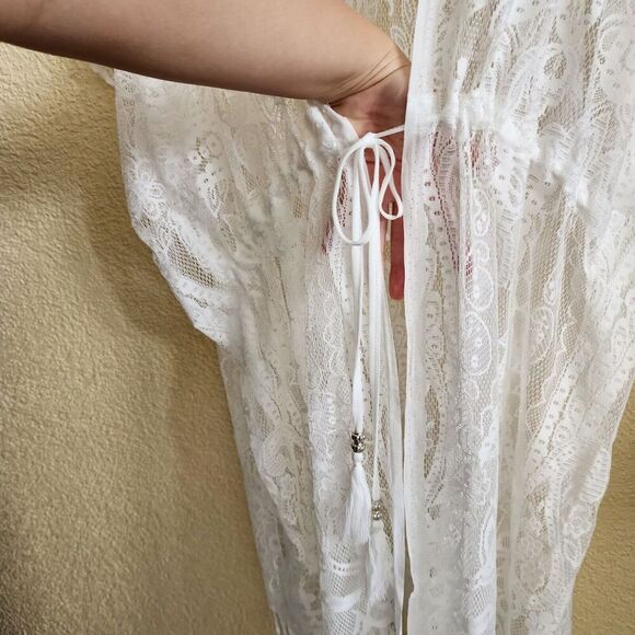 Women’s One Size Lace Swimsuit CoverUp Kimono White New Sheer Mesh Fringed Midi - Picture 9 of 11